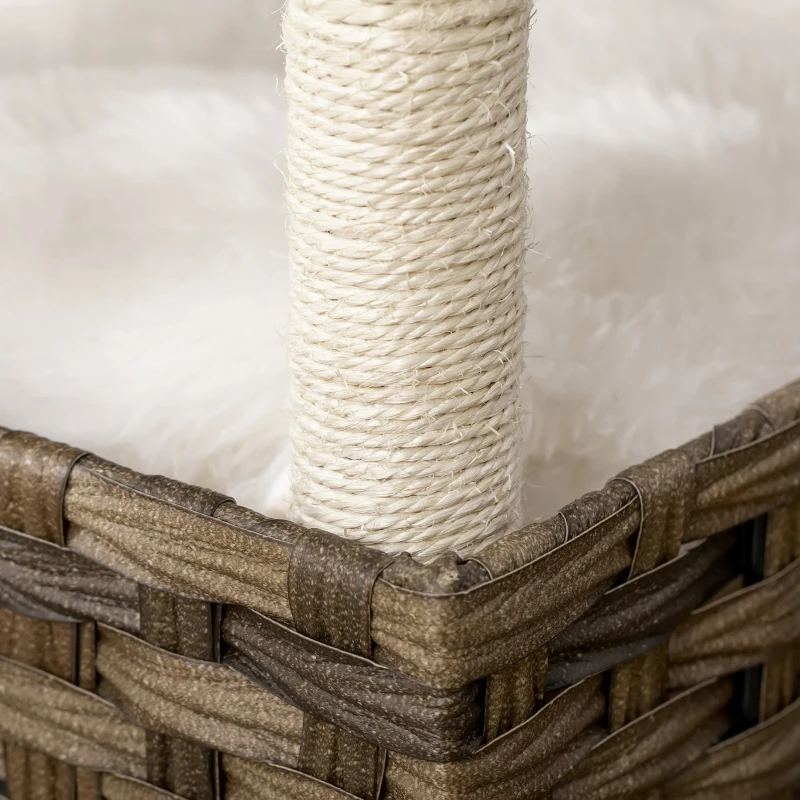 PawHut Árvore Arranhadora para Gatos de Vime Torre para Gatos Médios com Caverna 2 Camas Postes de Sisal Natural e Almofadas Laváveis de Pélucia Suave 40x40x70cm Marrom