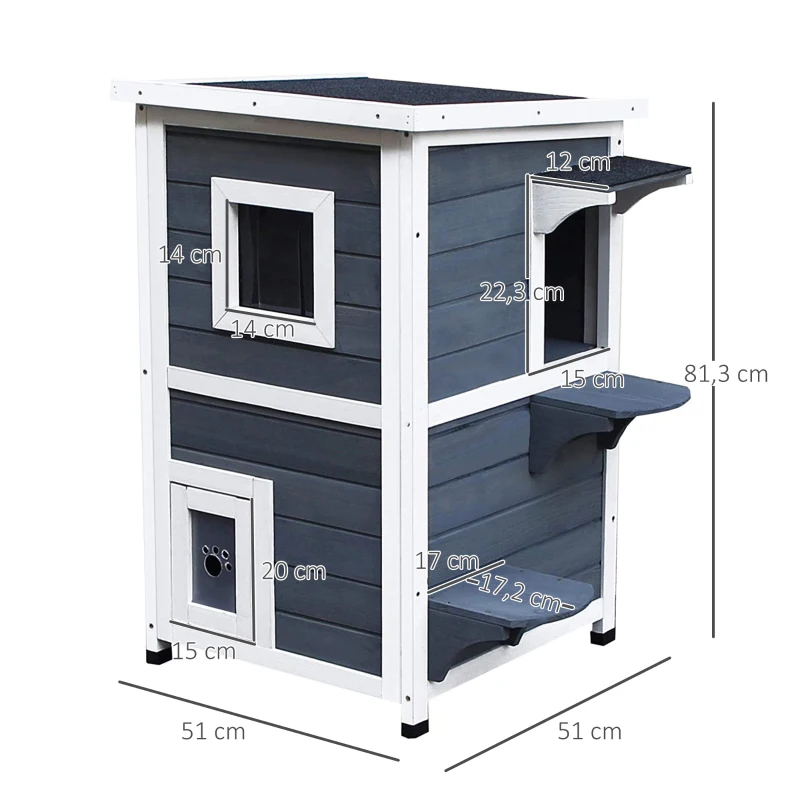 PawHut Casa para Gatos de Madeira Exterior Casa para Gatos de 2 Andares com Teto Abatível Janelas e 2 Plataformas para Terraço Balcão Jardim 51x51x81,3cm Cinza
