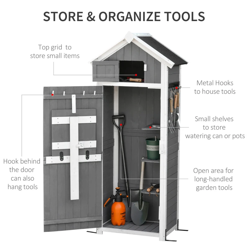 Outsunny Garden Wood Storage Shed with Workstation, Hooks and Ground Nails Multifunction  Lockable Sheds & Outdoor Storage Asphalt Roof Tool Organizer, 182 x 78 x 52.5cm, Grey
