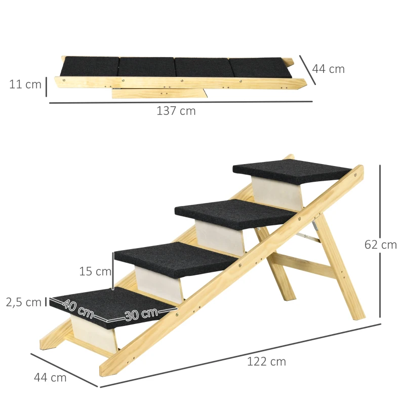 PawHut Escada de Madeira para Cães Dobrável 2 em 1 Rampa para Animais de Estimação Portátil com 4 Degraus para Acesso ao Sofá e Cama Alta 122x44x62cm Madeira Natural e Preto