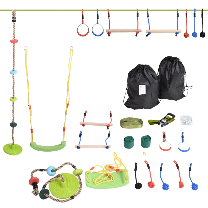 Outsunny Ninja Warrior Obstacle Course for Kids 46FT Slackline Kit Training Equipment for Backyard