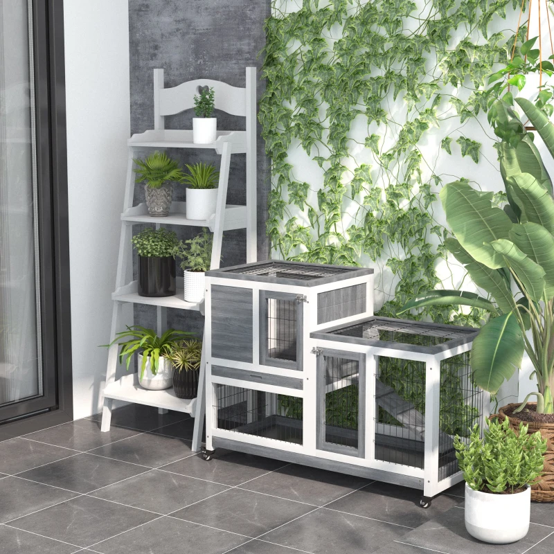 PawHut Coelheira de Madeira Interior com Rodas Gaiola para Coelhos Animais Pequenos de 2 Pisos com Zona Aberta Rampa e 2 Bandejas Removíveis 110x50x86cm Cinza