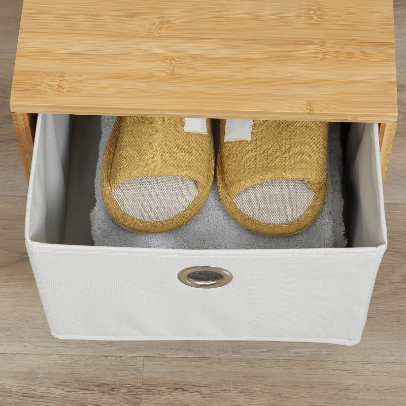 HOMCOM Cabide de Pé de Bambu com Banco Gaveta de Tecido e 8 Ganchos para Pendurar Roupa Bolsas Casacos para Entrada Sala de Estar Corredor 35x35x177cm Natural