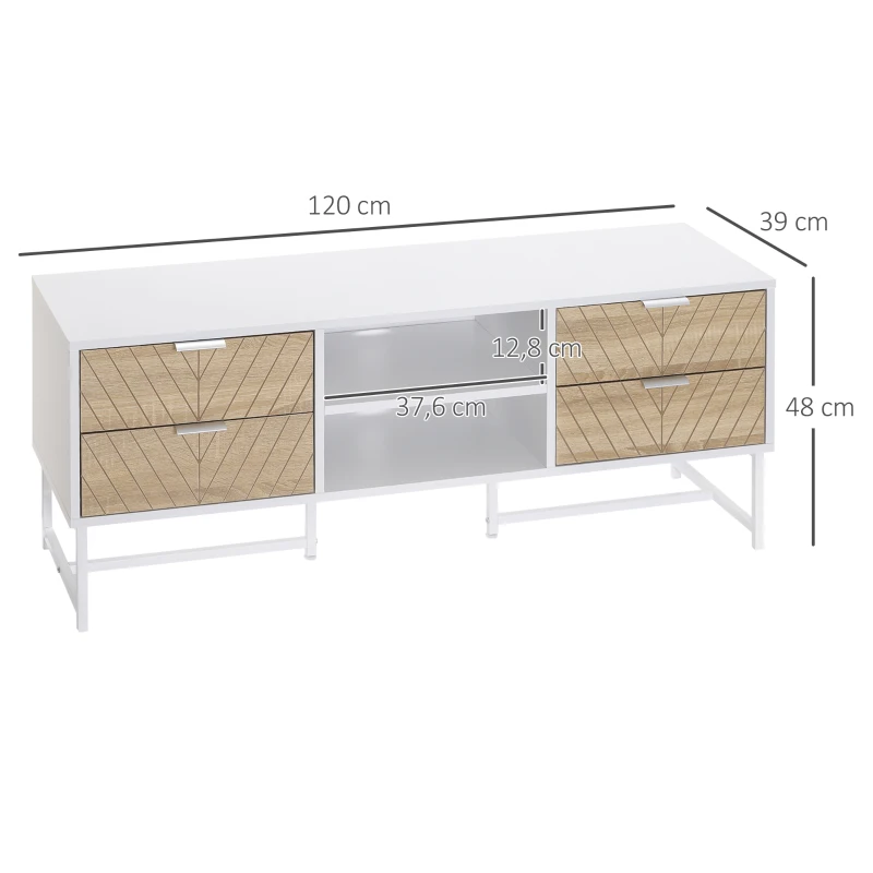 HOMCOM Móvel de TV de até 47 Polegadas Móvel de Sala de Estar Moderno com 4 Gavetas 2 Prateleiras Abertas e Orifício Passa Cabos 120x39x48cm Branco e Carvalho