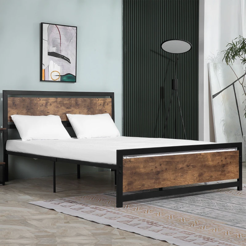 HOMCOM Estrutura de Cama Dupla de Metal 31cm para Colchão 150x200cm com Cabeceira de Madeira Estrutura de Cama com Espaço em Baixo de Armazenamento 160x208x103cm Preto e Marrom Rústico