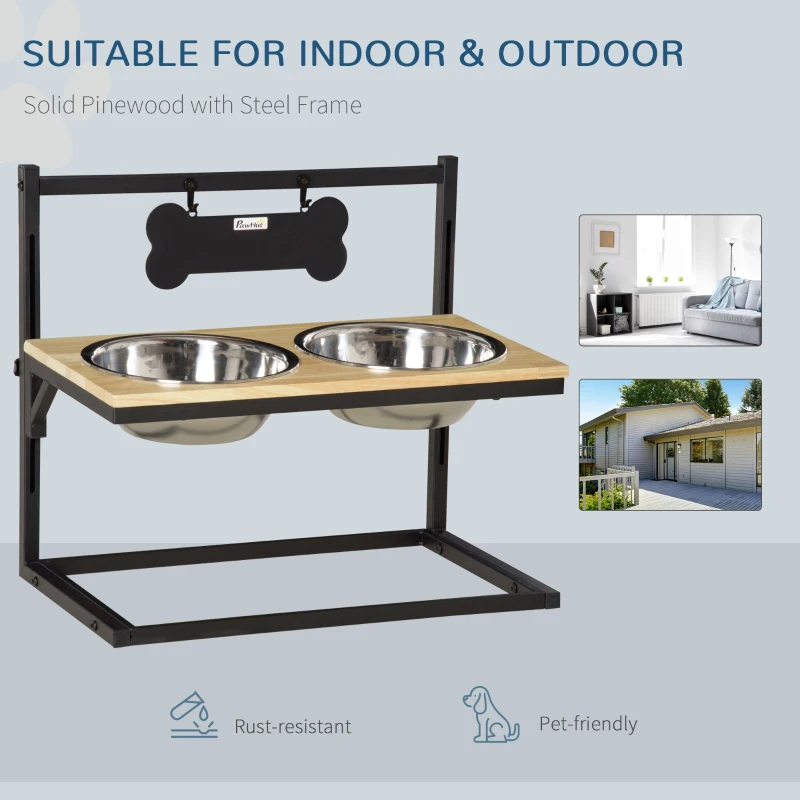 PawHut Raised Dog Bowls Adjustable Elevated Pet Feeder with Stand 2 Stainless Steel Bowls for Medium Large Dogs Breed, Natural