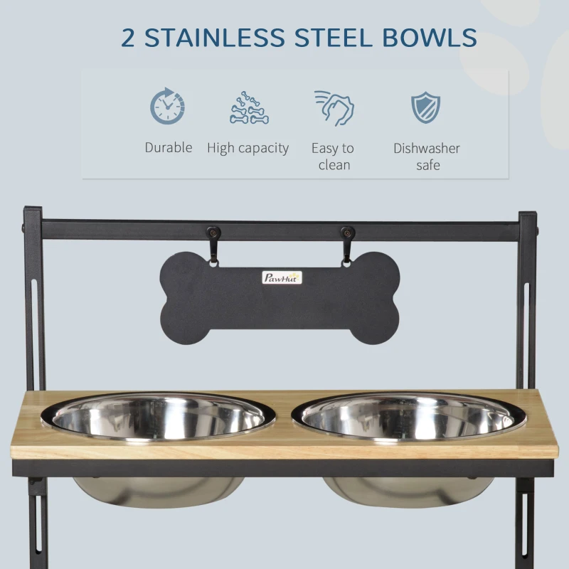 PawHut Raised Dog Bowls Adjustable Elevated Pet Feeder with Stand 2 Stainless Steel Bowls for Medium Large Dogs Breed, Natural