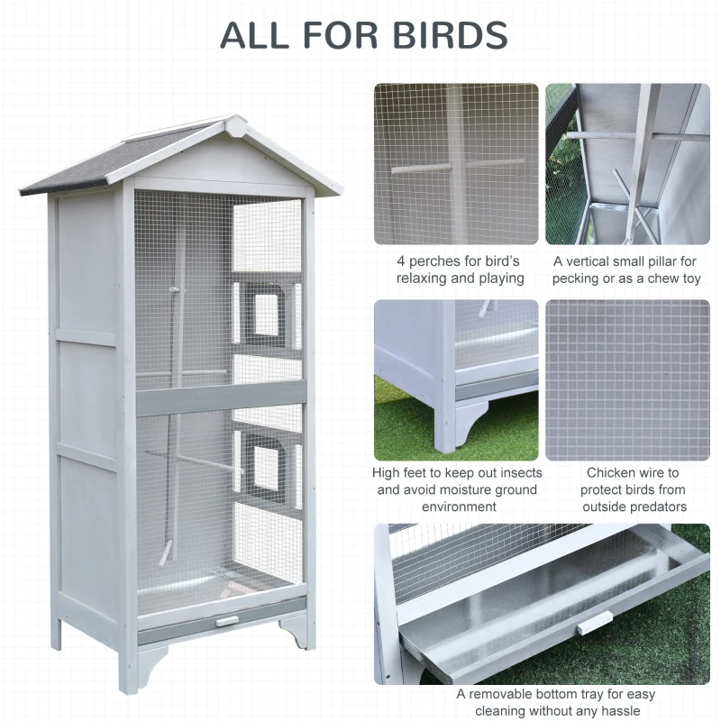 PawHut Wooden Outdoor Aviary Bird Cage w/ Stand for Sun Parakeet, African Gray Parrot, Cockatiels Large Play House Removable Bottom Tray