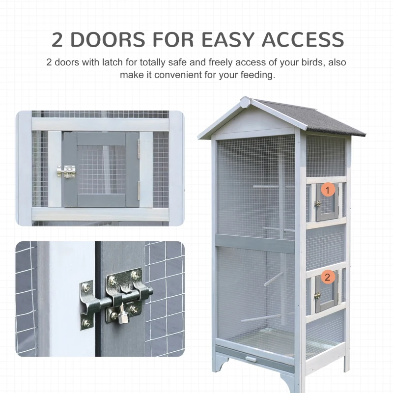 PawHut Wooden Outdoor Aviary Bird Cage w/ Stand for Sun Parakeet, African Gray Parrot, Cockatiels Large Play House Removable Bottom Tray