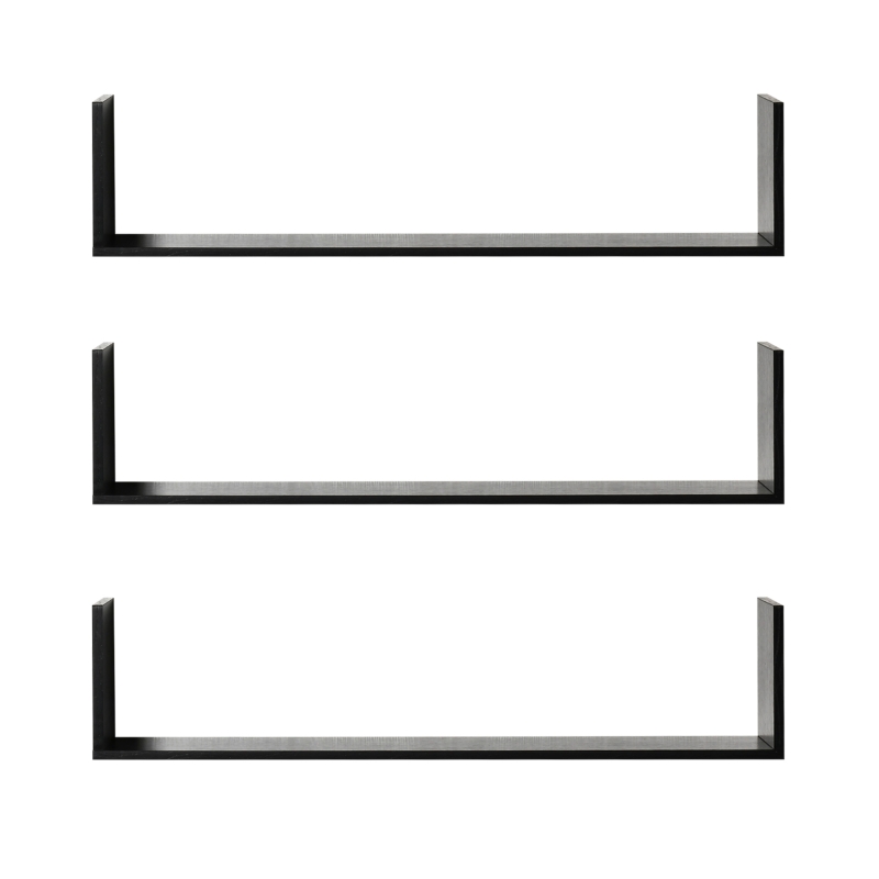 HOMCOM Set of 3 Wooden U-Shaped Floating Shelves Set Wall Mounted Hanging Bookshelf CD DVD Storage Display for Bedroom Living Room Kitchen, Black