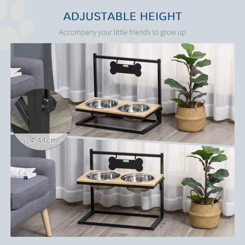 PawHut Raised Dog Bowls Adjustable Elevated Pet Feeder with Stand 2 Stainless Steel Bowls for Medium Large Dogs Breed, Natural