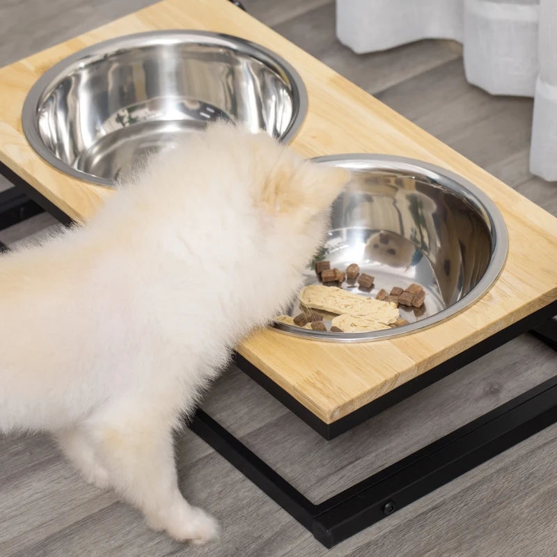 PawHut Raised Dog Bowls Adjustable Elevated Pet Feeder with Stand 2 Stainless Steel Bowls for Medium Large Dogs Breed, Natural