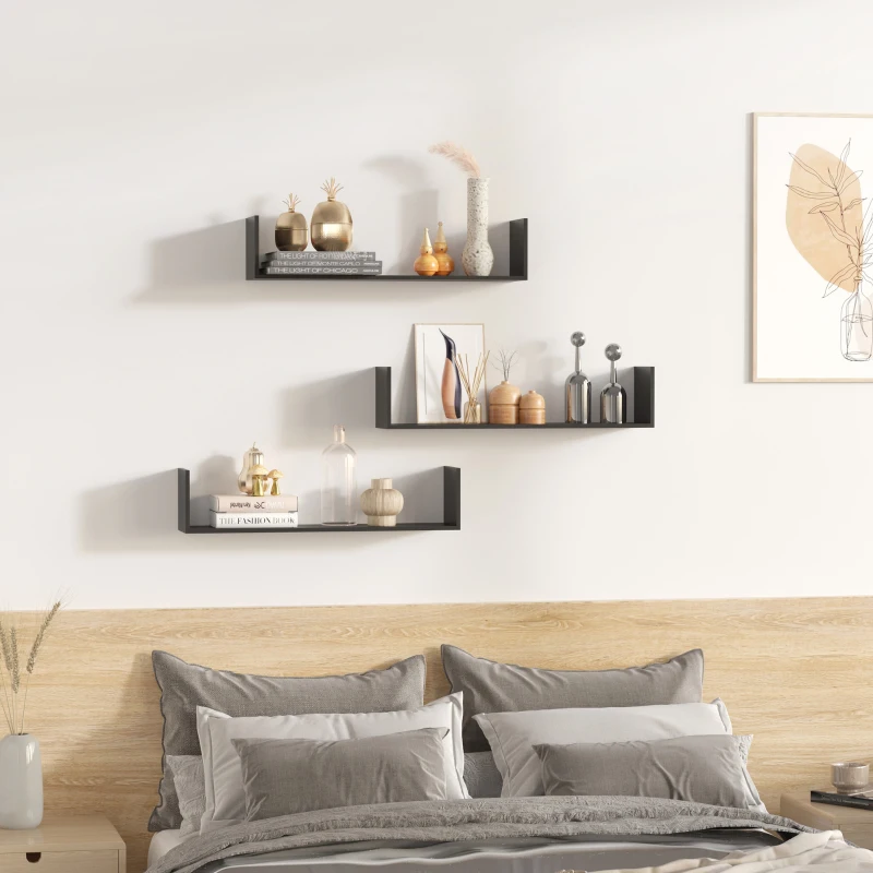 HOMCOM Set of 3 Wooden U-Shaped Floating Shelves Set Wall Mounted Hanging Bookshelf CD DVD Storage Display for Bedroom Living Room Kitchen, Black