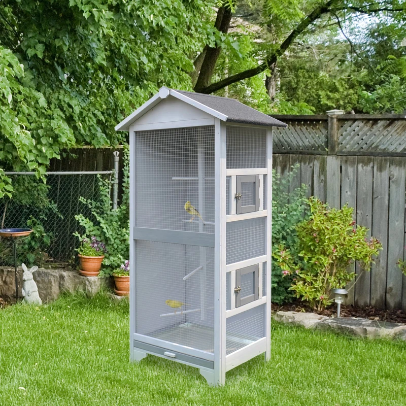 PawHut Wooden Outdoor Aviary Bird Cage w/ Stand for Sun Parakeet, African Gray Parrot, Cockatiels Large Play House Removable Bottom Tray