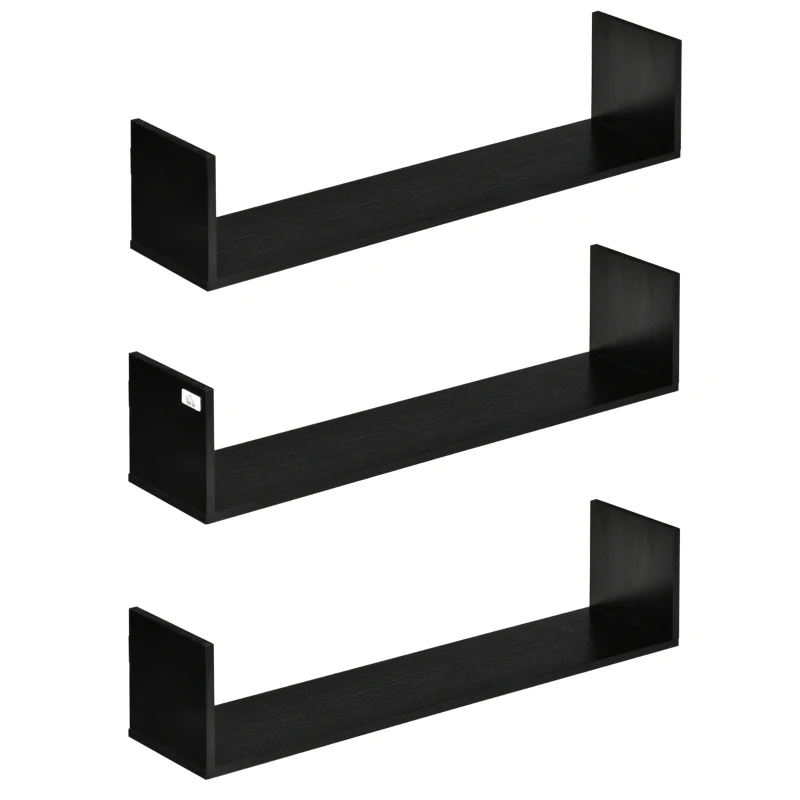 HOMCOM Set of 3 Wooden U-Shaped Floating Shelves Set Wall Mounted Hanging Bookshelf CD DVD Storage Display for Bedroom Living Room Kitchen, Black