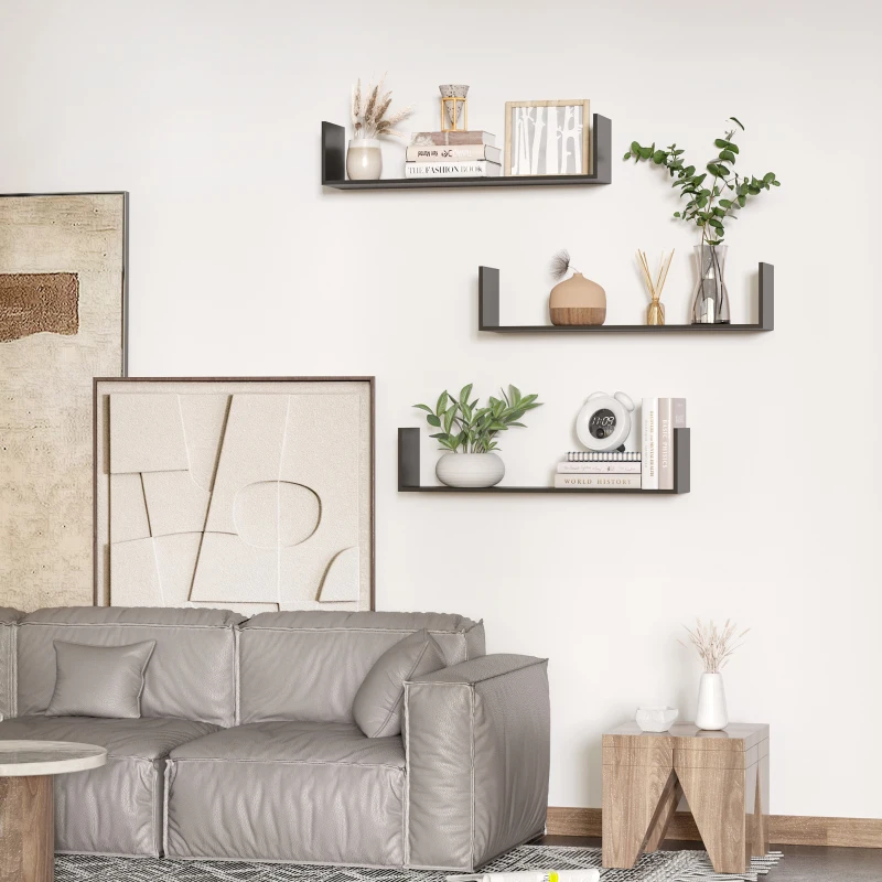 HOMCOM Set of 3 Wooden U-Shaped Floating Shelves Set Wall Mounted Hanging Bookshelf CD DVD Storage Display for Bedroom Living Room Kitchen, Black