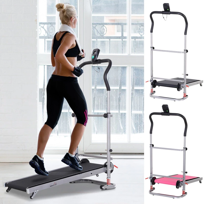 HOMCOM Cardio Running Walking Machine Non-Motorised Manual Treadmill 7° or 9° Angle LCD Monitor Display  Fitness Trainer