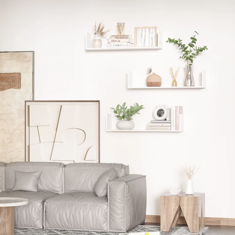 HOMCOM Set of 3 Wooden U-Shaped Floating Shelves Set Wall Mounted Hanging Bookshelf CD DVD Storage Display for Bedroom Living Room Kitchen, White