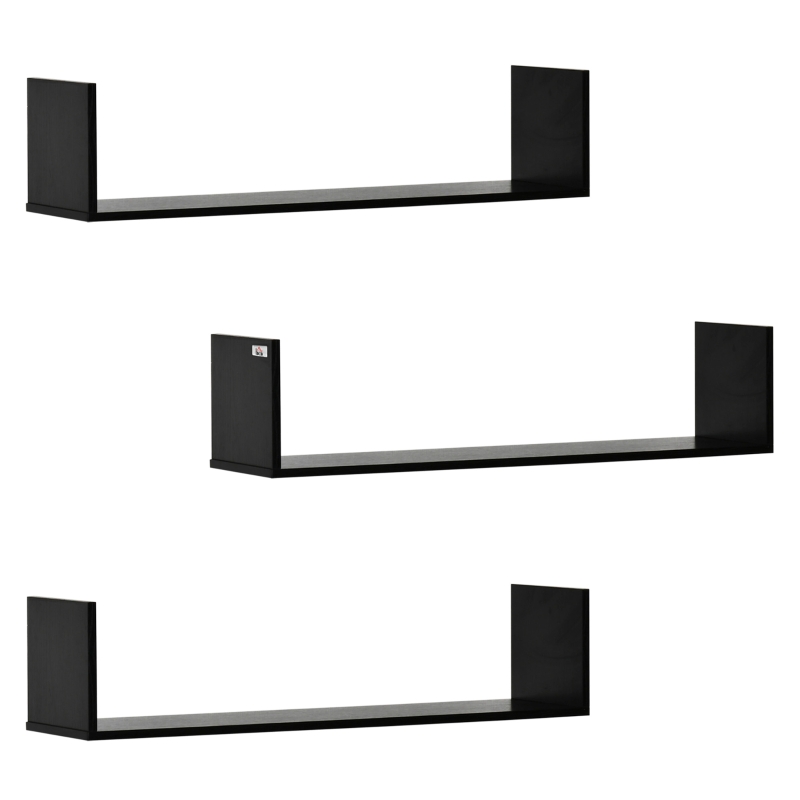 HOMCOM Set of 3 Wooden U-Shaped Floating Shelves Set Wall Mounted Hanging Bookshelf CD DVD Storage Display for Bedroom Living Room Kitchen, Black