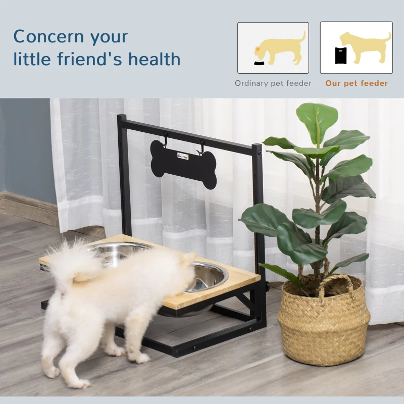 PawHut Raised Dog Bowls Adjustable Elevated Pet Feeder with Stand 2 Stainless Steel Bowls for Medium Large Dogs Breed, Natural