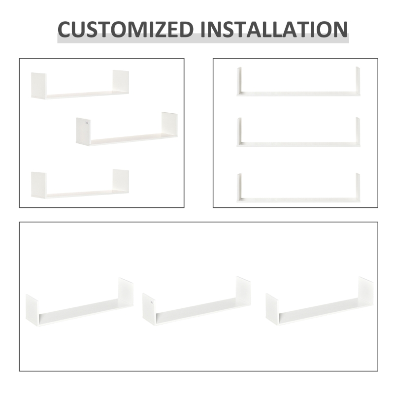 HOMCOM Set of 3 Wooden U-Shaped Floating Shelves Set Wall Mounted Hanging Bookshelf CD DVD Storage Display for Bedroom Living Room Kitchen, White