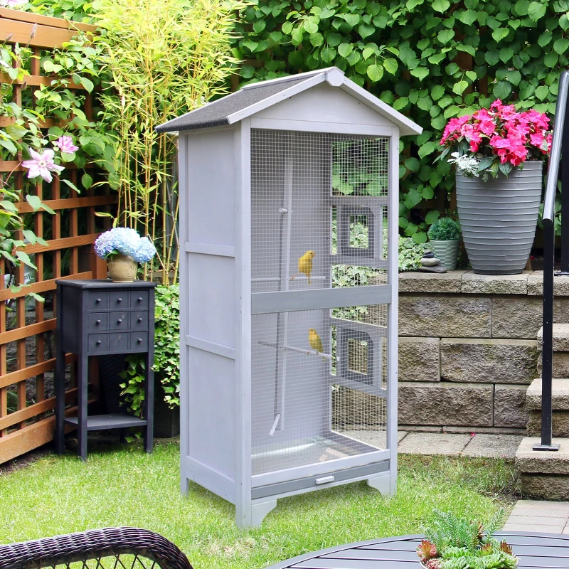 PawHut Wooden Outdoor Aviary Bird Cage w/ Stand for Sun Parakeet, African Gray Parrot, Cockatiels Large Play House Removable Bottom Tray