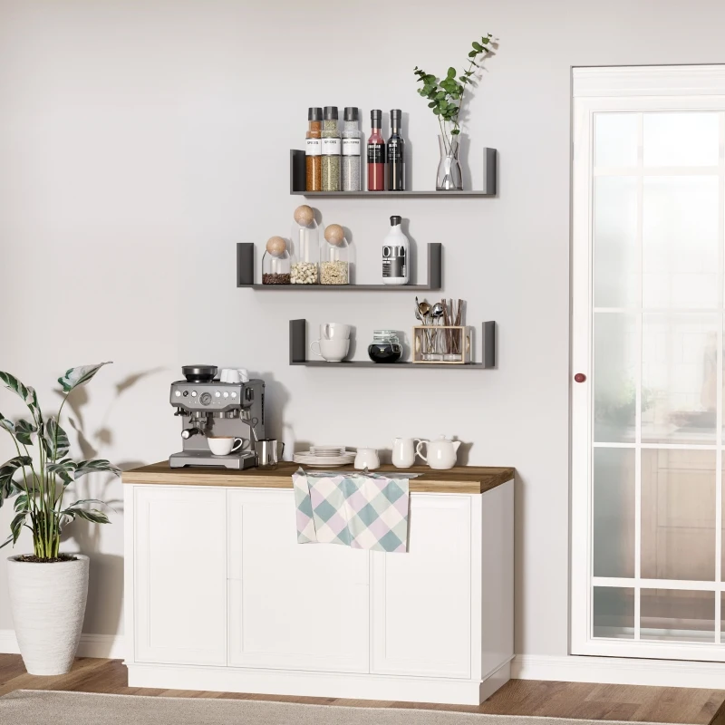 HOMCOM Set of 3 Wooden U-Shaped Floating Shelves Set Wall Mounted Hanging Bookshelf CD DVD Storage Display for Bedroom Living Room Kitchen, Black