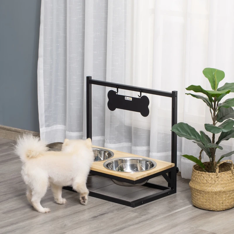 PawHut Raised Dog Bowls Adjustable Elevated Pet Feeder with Stand 2 Stainless Steel Bowls for Medium Large Dogs Breed, Natural