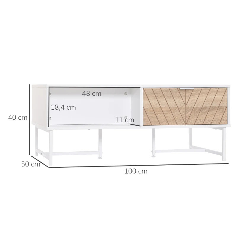 HOMCOM Mesa de Centro com Gaveta Prateleira Aberta e Pés Elevados de Metal Mesa de Café Nordica para Sala de Estar Dormitório 100x50x40cm Branco e Carvalho