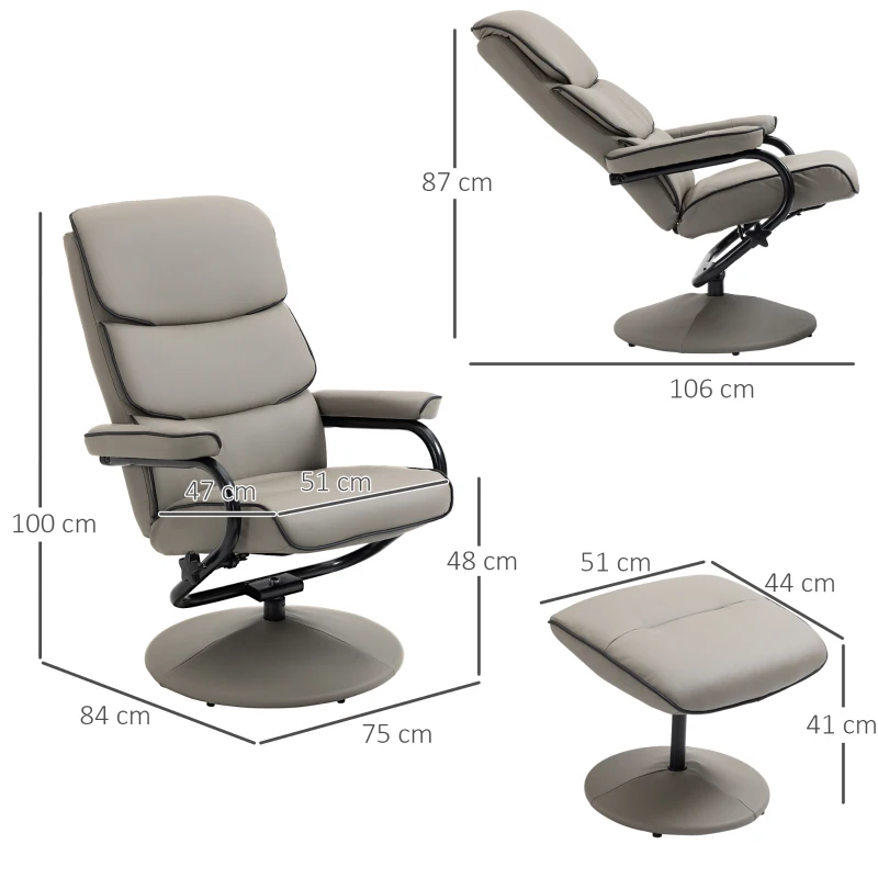 HOMCOM Poltrona Relax com Banco para Apoiar os Pés Poltrona Relax Giratória Reclinável em até 135° Estofada em PU 75x84x100cm Cinza