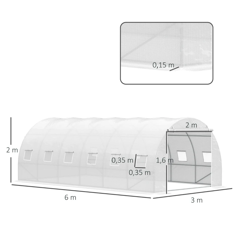 Outsunny Estufa de Túnel 600x300x200cm com Porta Enrolável 12 Janelas Cobertura de PE 140g/m² e Metal Galvanizado para Cultivos de Plantas Verduras Branco