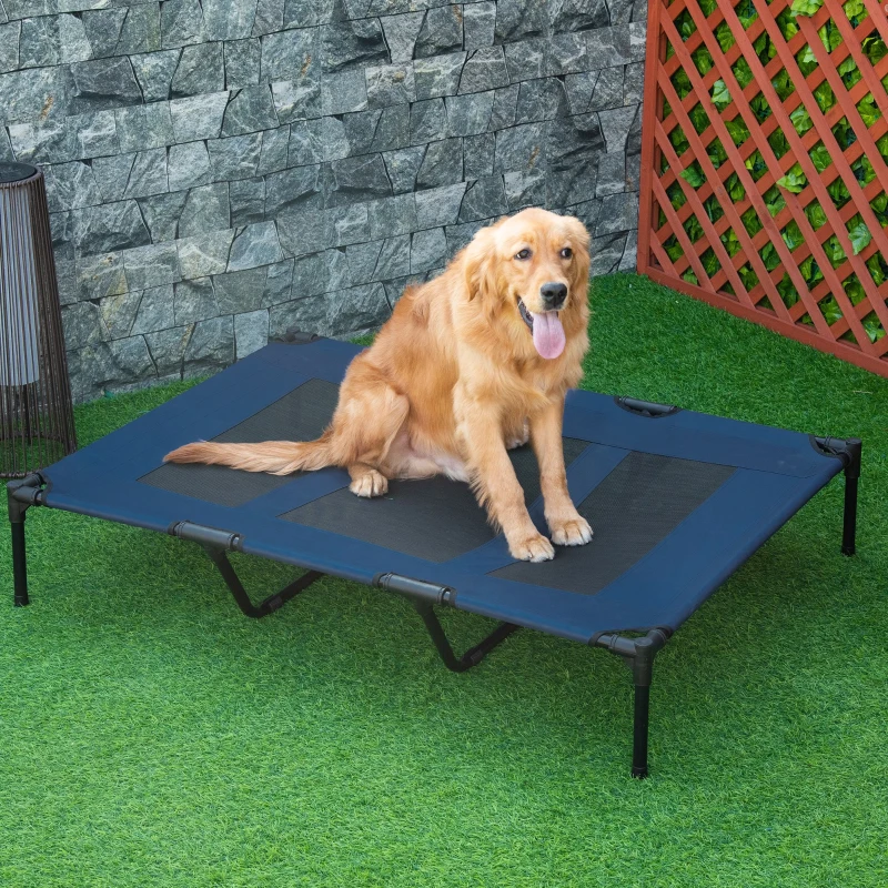 PawHut Cama para Animais de Estimação Cama Elevada para Cães Gatos com Tecido Transpirável para Dormir Relaxar Exterior Jardim Terraço 122x91x23cm Azul