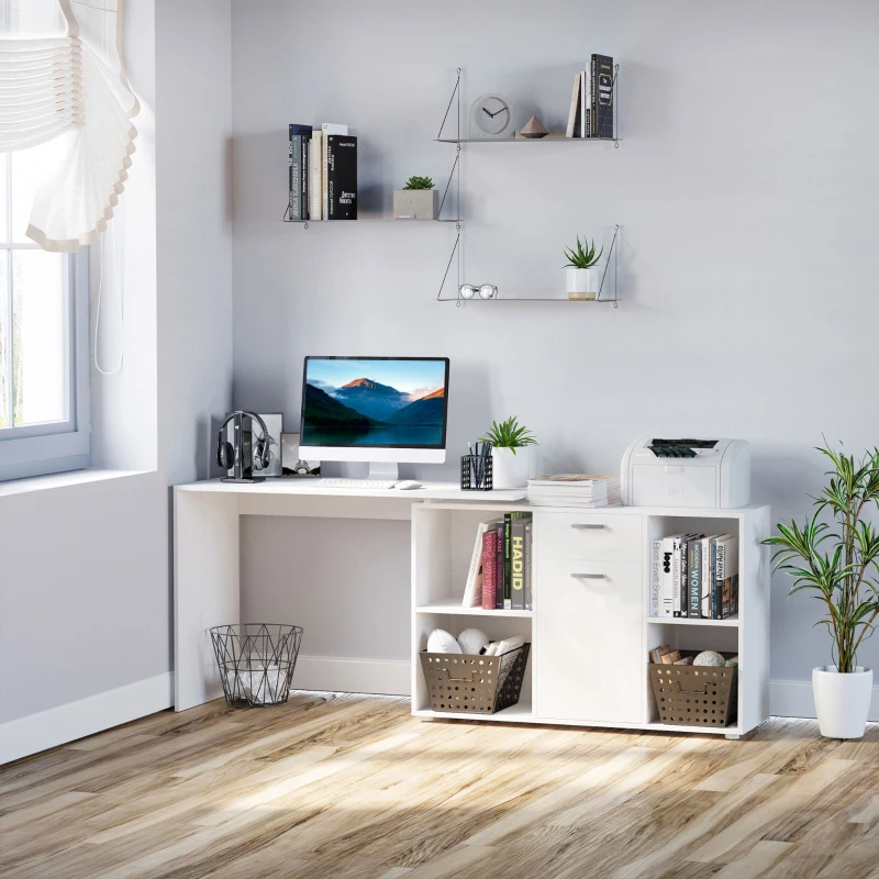 HOMCOM MDF Dual-use Adjustable Large L-Shaped Computer Desk Laptop Workstation Corner PC Table Home Office Functional Spacious Modern Stylish - White