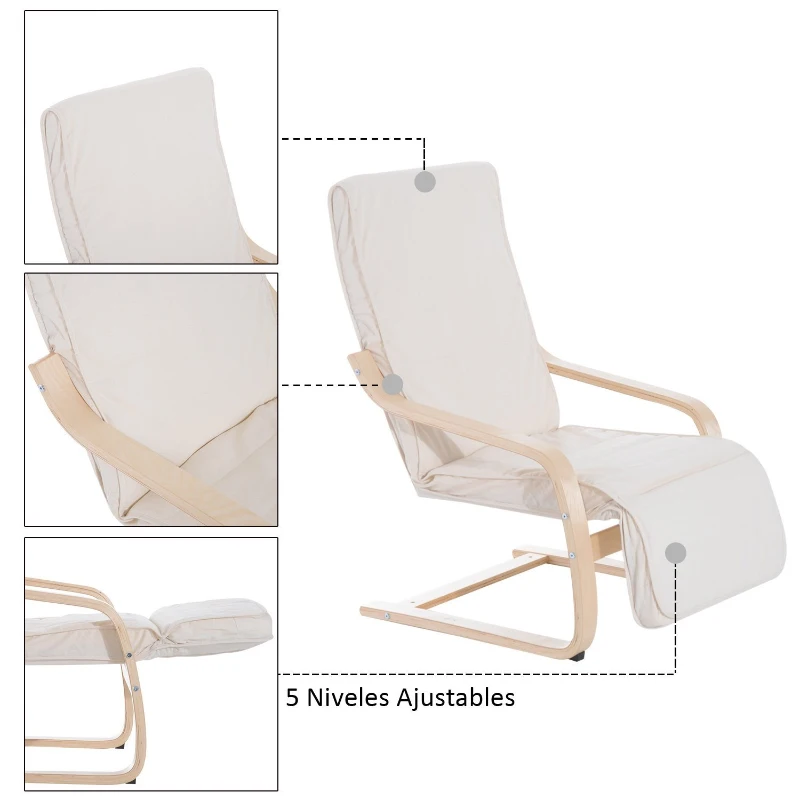 HOMCOM Sillón de Relax Silla de Relax Madera de Abedul Reposapiernas a 5 Niveles 2 Colores (Beige)