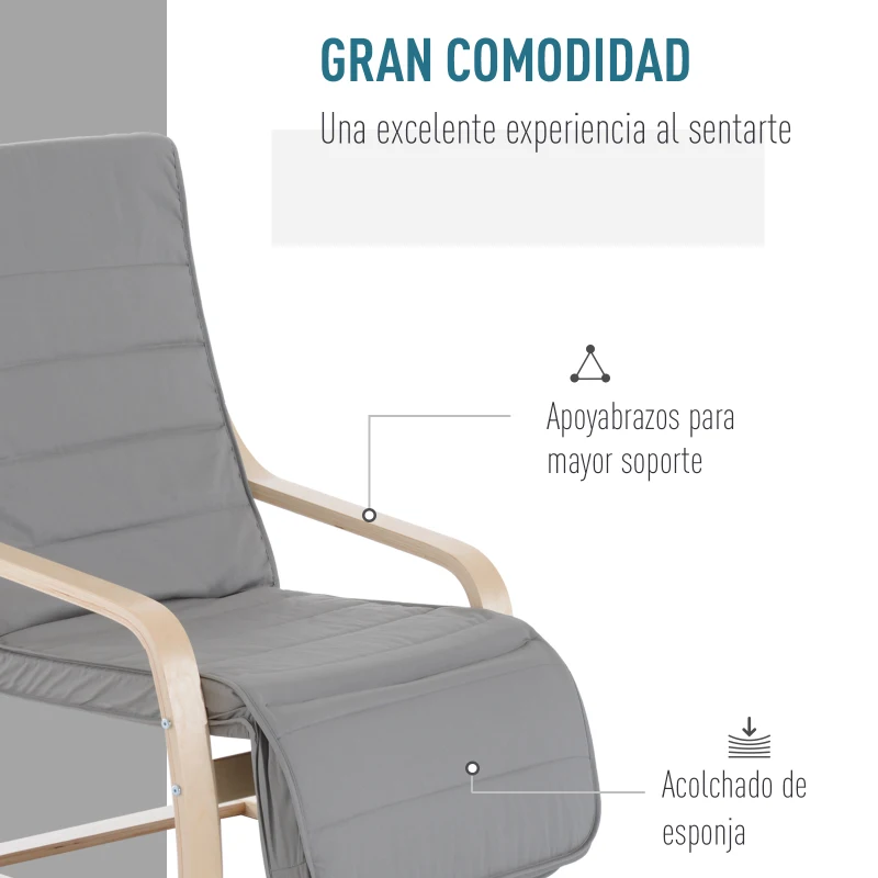 HOMCOM Sillón de Relax Silla de Relax Madera de Abedul Reposapiernas a 5 Niveles 66,5x83x100cm 2 Colores (Gris)
