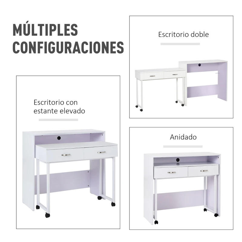HOMCOM Juego de 2 Mesa Escritorio 100x36x88cm/94x34x75cm Mesa de Ordenador PC Oficina Despacho Estudio Dormitorio de Escuela Mesa Consola Escritorio Mesa Extensible