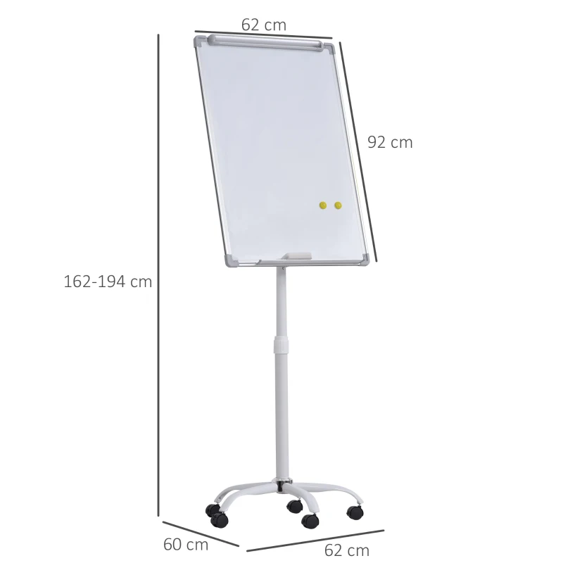 Vinsetto Pizarra Magnética con Ruedas Rotafolio con Caballete Móvil Ajustable en Altura Giratorio 360° Bandeja 5 Ruedas y Frenos Soporte de Metal 62x60x162-194 cm Blanco