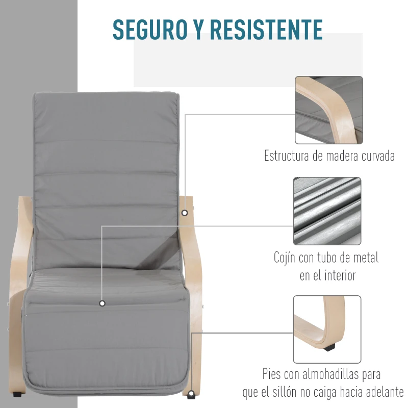 HOMCOM Sillón de Relax Silla de Relax Madera de Abedul Reposapiernas a 5 Niveles 66,5x83x100cm 2 Colores (Gris)