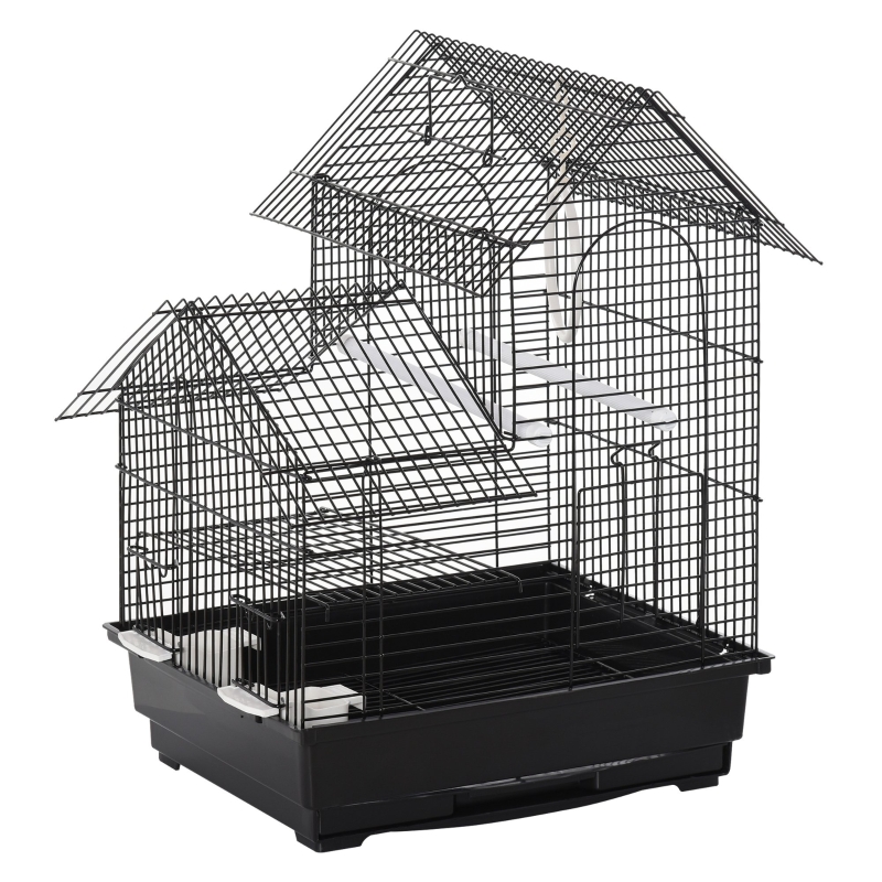 PawHut Jaula para Pájaros de Metal con Comederos Perchas Columpio y Bandeja Extraíble para Canarios Periquitos 39x34x47 cm Negro