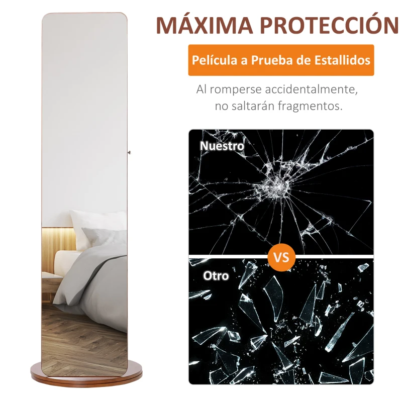 HOMCOM Espejo Joyero con Perchero Giratorio de Cuerpo Entero 3 en 1 Organizador de Joyas Oculto Estantes Colgadores y Base Redonda Madera Ø50x169 cm Nogal