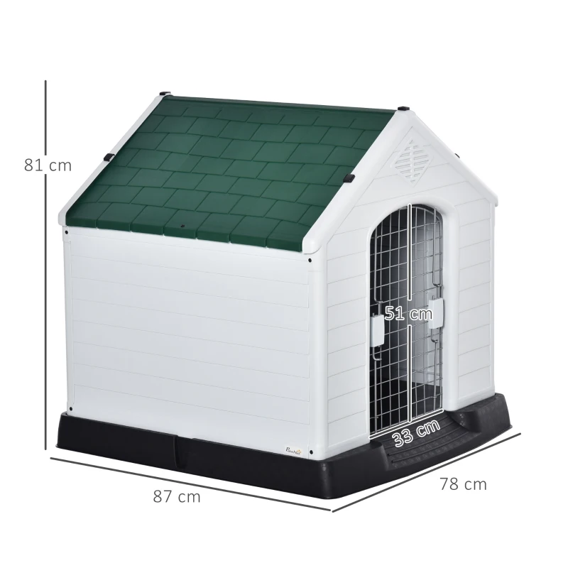 PawHut Caseta de Perro Casa para Perros Medianos con Puerta Metálica con Cerradura Techo Inclinado Base Elevada para Interior Exterior 78x87x81 cm Blanco y Verde