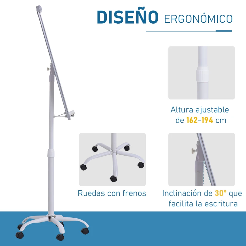 Vinsetto Pizarra Magnética con Ruedas Rotafolio con Caballete Móvil Ajustable en Altura Giratorio 360° Bandeja 5 Ruedas y Frenos Soporte de Metal 62x60x162-194 cm Blanco