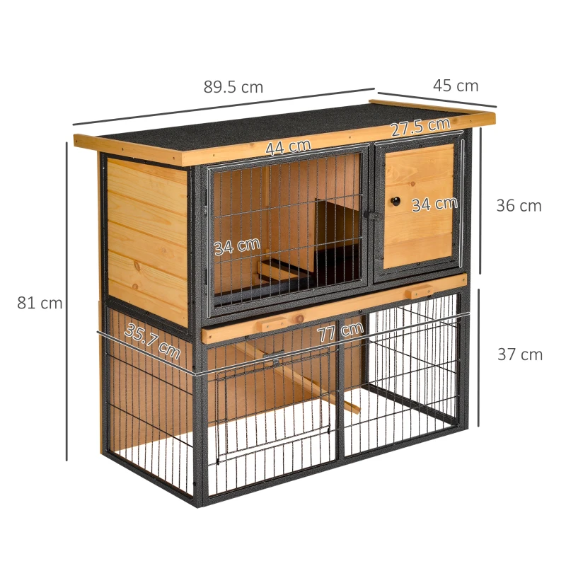PawHut Guinea Pig Hutch Rabbit Hutch Wood-metal Elevated Pet House Bunny Cage with No-Leak Tray Ramp Openable Roof Outdoor 89.5 x 45 x 81cm Light Yellow