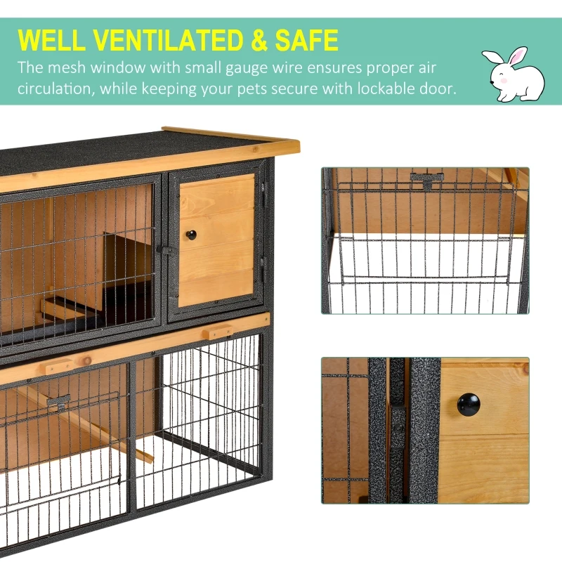 PawHut Guinea Pig Hutch Rabbit Hutch Wood-metal Elevated Pet House Bunny Cage with No-Leak Tray Ramp Openable Roof Outdoor 89.5 x 45 x 81cm Light Yellow
