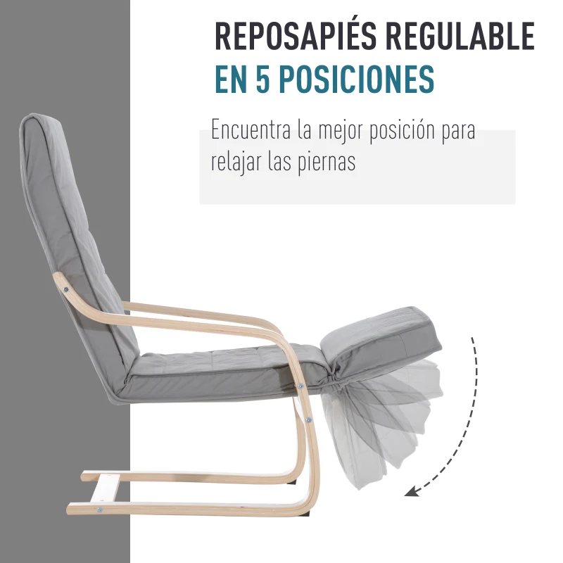 HOMCOM Sillón de Relax Silla de Relax Madera de Abedul Reposapiernas a 5 Niveles 66,5x83x100cm 2 Colores (Gris)