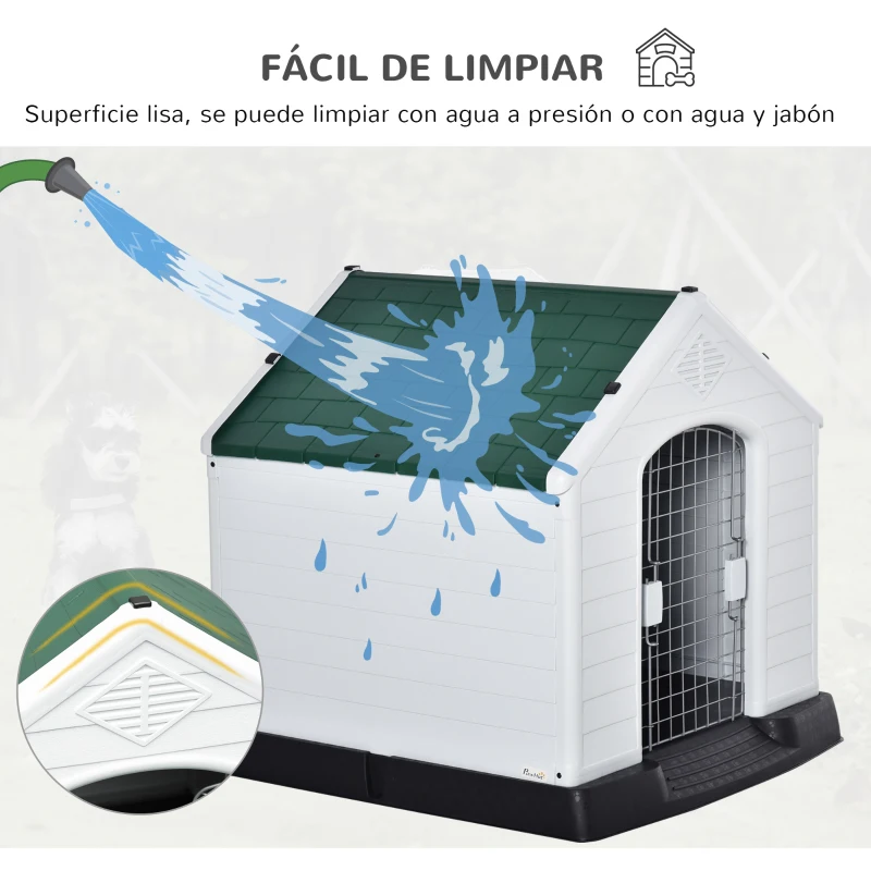 PawHut Caseta de Perro Casa para Perros Medianos con Puerta Metálica con Cerradura Techo Inclinado Base Elevada para Interior Exterior 78x87x81 cm Blanco y Verde