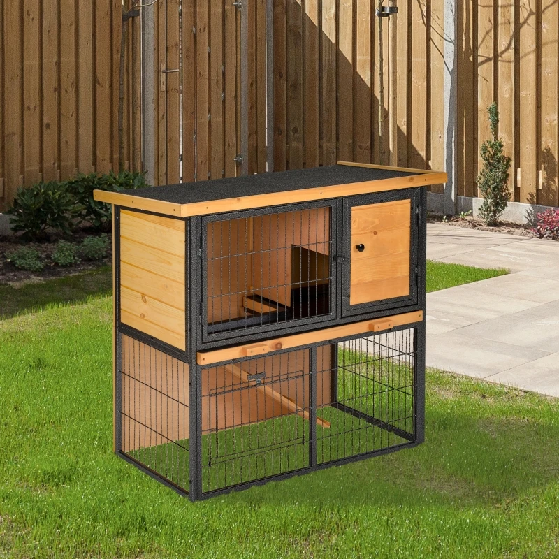 PawHut Guinea Pig Hutch Rabbit Hutch Wood-metal Elevated Pet House Bunny Cage with No-Leak Tray Ramp Openable Roof Outdoor 89.5 x 45 x 81cm Light Yellow
