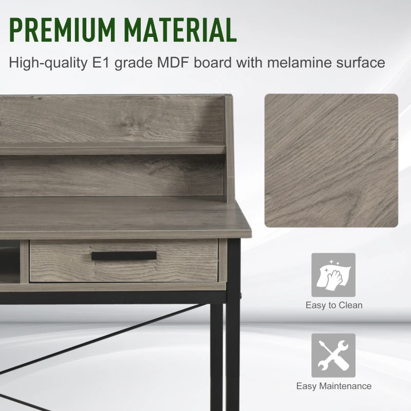 HOMCOM Study Desk with Open Shelves Drawer Writing Table Computer Desk Industrial Design Furniture for Home Office & Study Use Grey