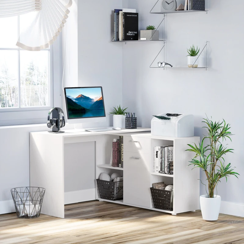 HOMCOM MDF Dual-use Adjustable Large L-Shaped Computer Desk Laptop Workstation Corner PC Table Home Office Functional Spacious Modern Stylish - White