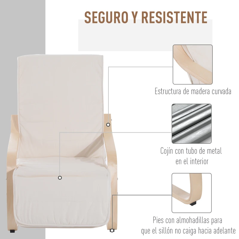 HOMCOM Sillón de Relax Silla de Relax Madera de Abedul Reposapiernas a 5 Niveles 2 Colores (Beige)